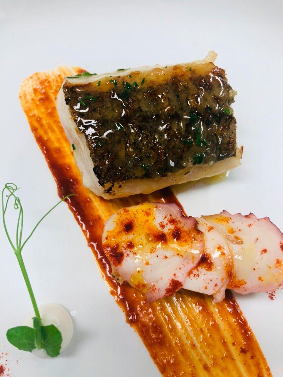 Lomo de merluza asada patata de pimentón y pulpo a la gallega Lomo de merluza asada patata de pimentón y pulpo a la gallega